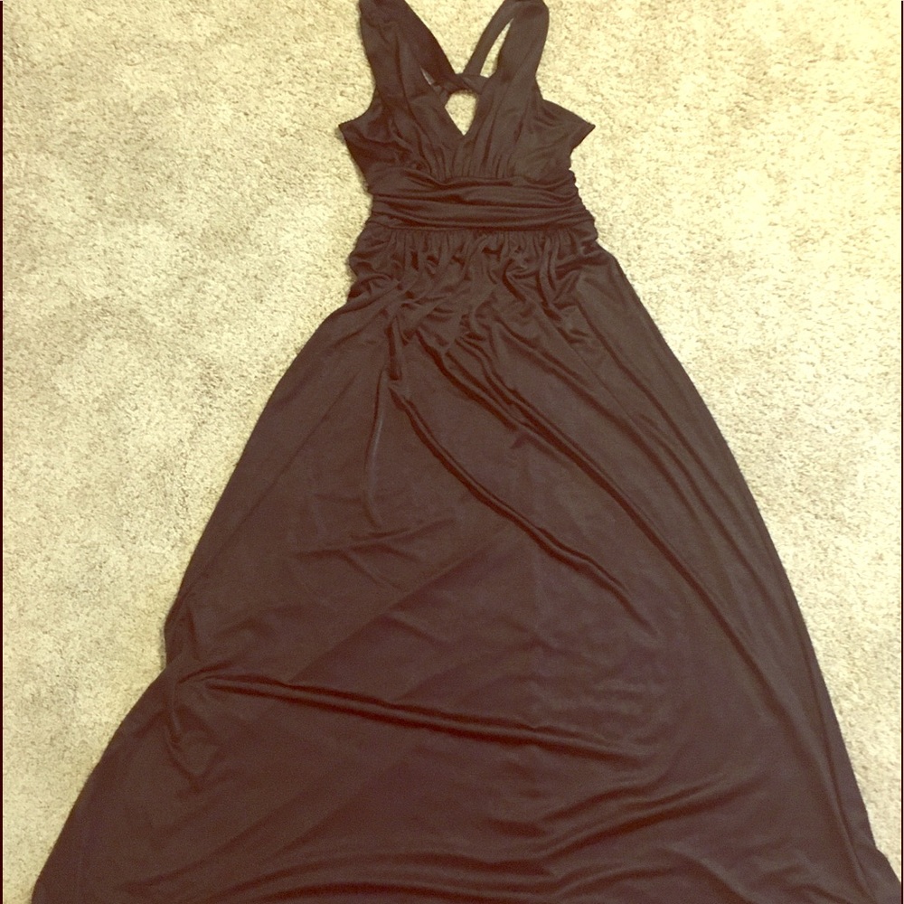 Beautiful satin-like black xback maxi/gown
